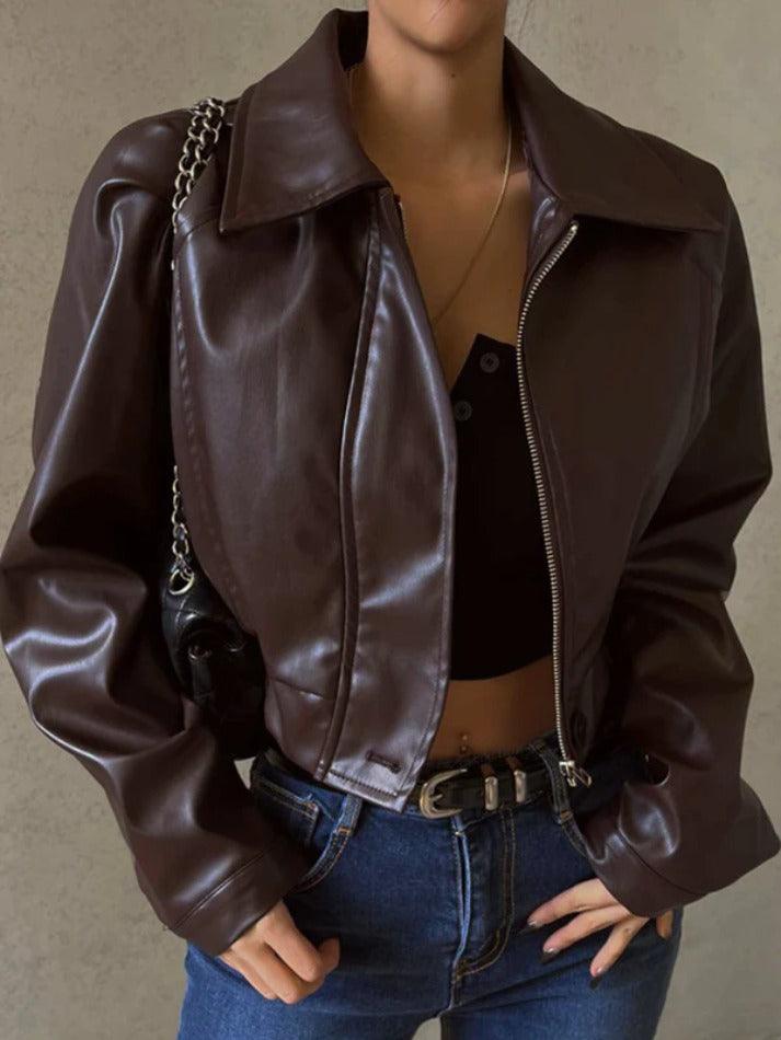 Vintage Brown Lapel Neck Zip Up Short Jacket