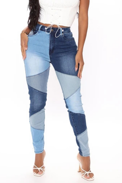 lovwvol  - Khaki Casual Color Block Patchwork Mid Waist Skinny Denim Jeans