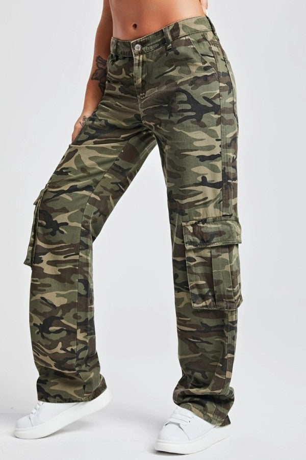 lovwvol  - Army Green Casual Camouflage Print Patchwork Mid Waist Denim Jeans