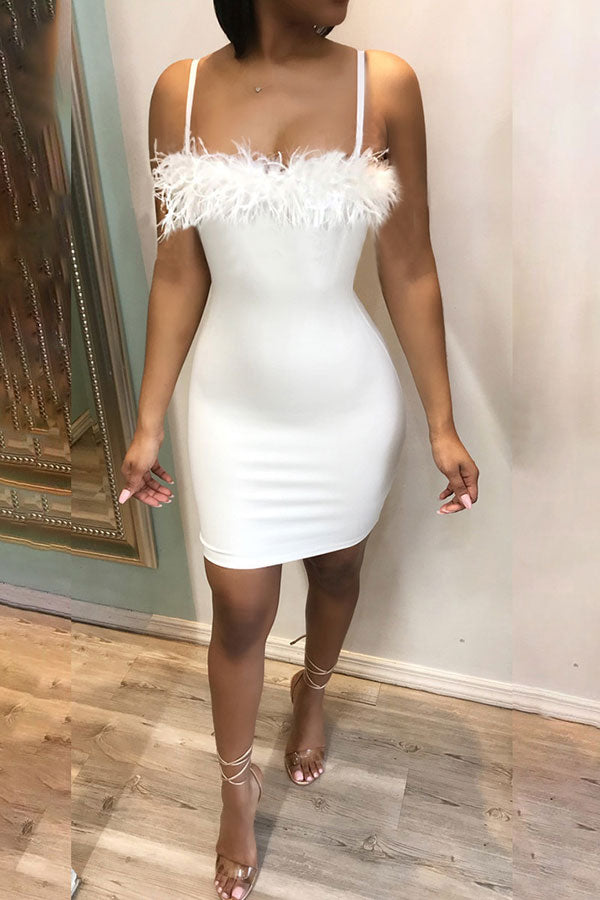 Solid Color Feather Elegant Bodycon Mini Dress