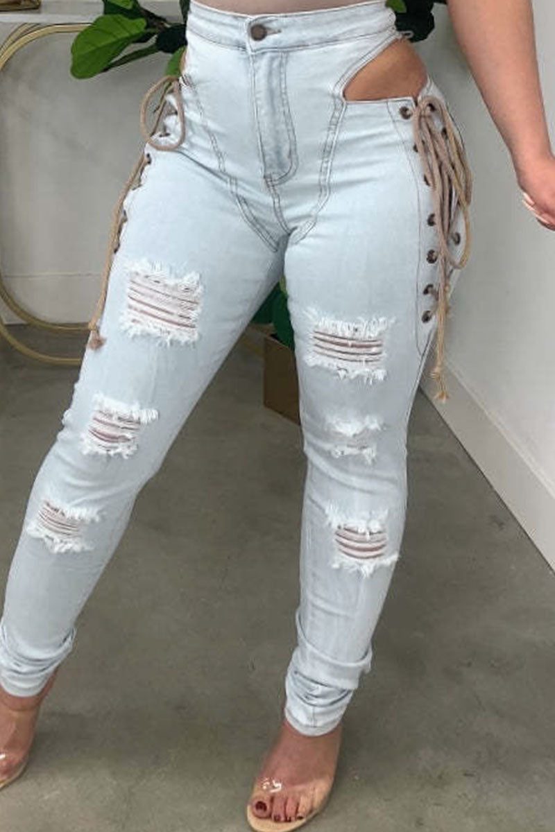 lovwvol  - Light Blue Fashion Casual Solid Ripped Bandage Hollowed Out High Waist Skinny Denim Jeans