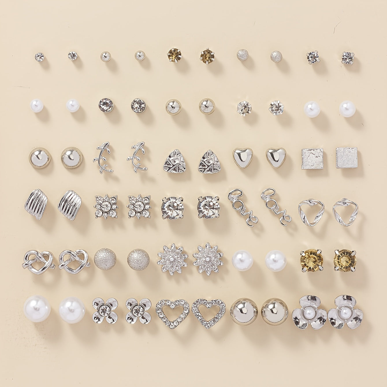 30 Pairs of Exquisite Alloy Love Letter Stud Earrings Set - Full Rhinestones, Round Faux Pearl Accents, Hypoallergenic, Comfortable Wear, Perfect for Daily Life, Party, Wedding, and Special Occasions