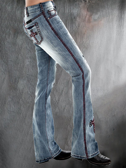 lovwvol  - Baby Blue Motorpunk Cross Pattern Denim Trousers