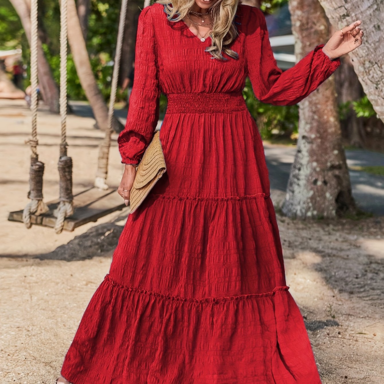 Chic Solid V-neck Textured Maxi Dress - Flattering Vacation Style with Smocked Long Sleeves - Versatile Womens Clothing for All Seasons