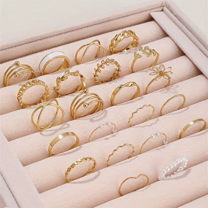 22pcs/Set Simple Elegant Style Stacking Rings Leaf Flower Design Mix And Match Daily Clothing Golden Or Silver Jewelry