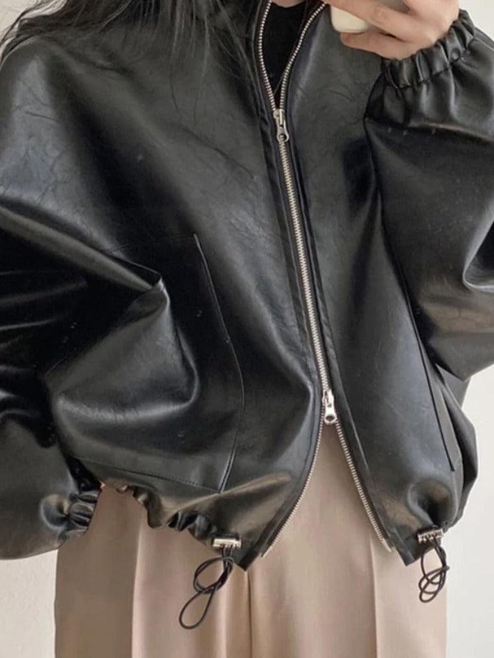 Solid Big Pocket Drawstring Collar Neck Leather Jacket