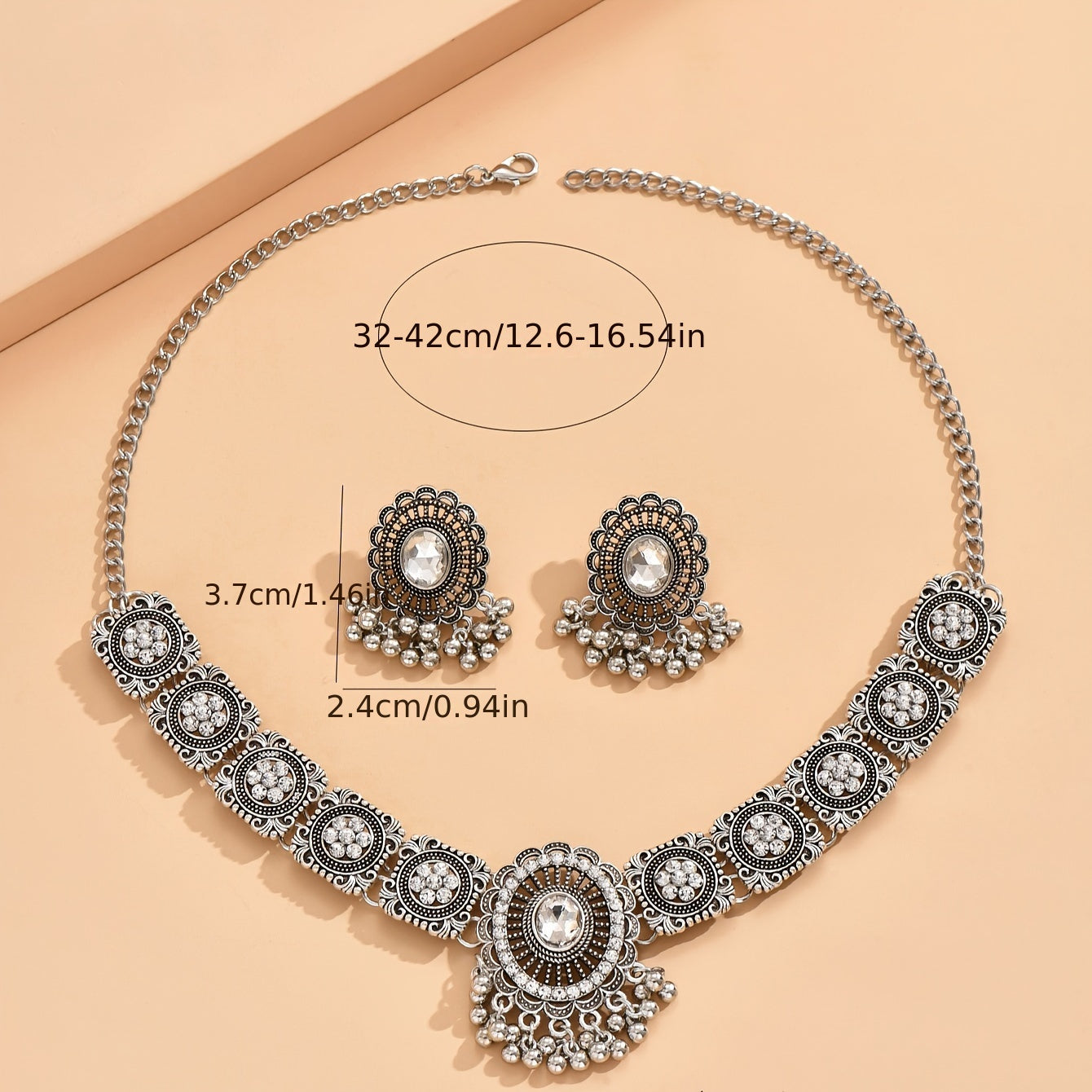 Elegant Vintage Jhumka Jewelry Set - Sparkling Stone-Paved Necklace & Earrings for Daily & Party Glamour