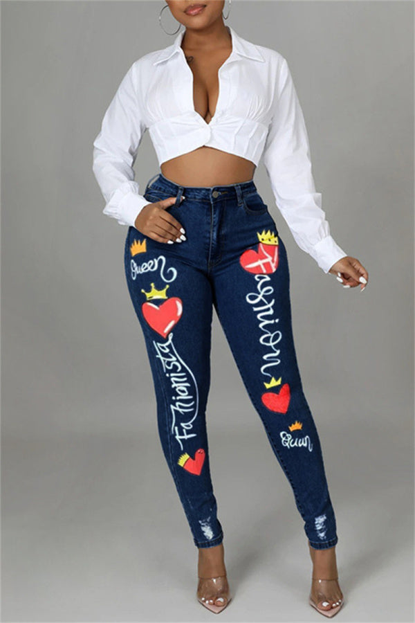 lovwvol  - Deep Blue Fashion Casual Print Patchwork Mid Waist Skinny Denim Jeans