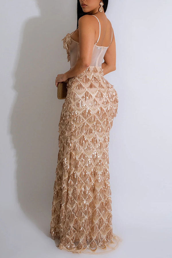 Patchwork Sequined Tassel Sophisticated Maxi Dress