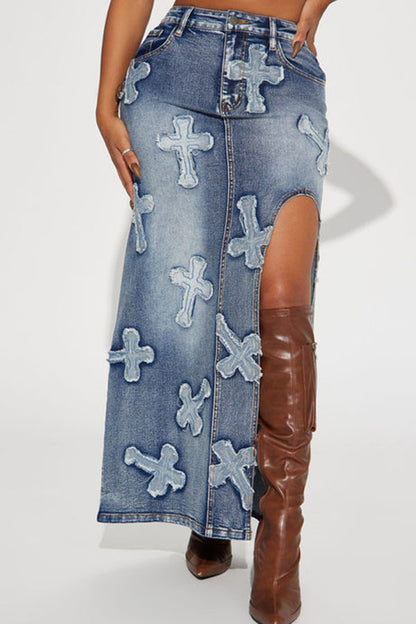 Cross Applique On-trend High Split Washed Denim Dress Suit