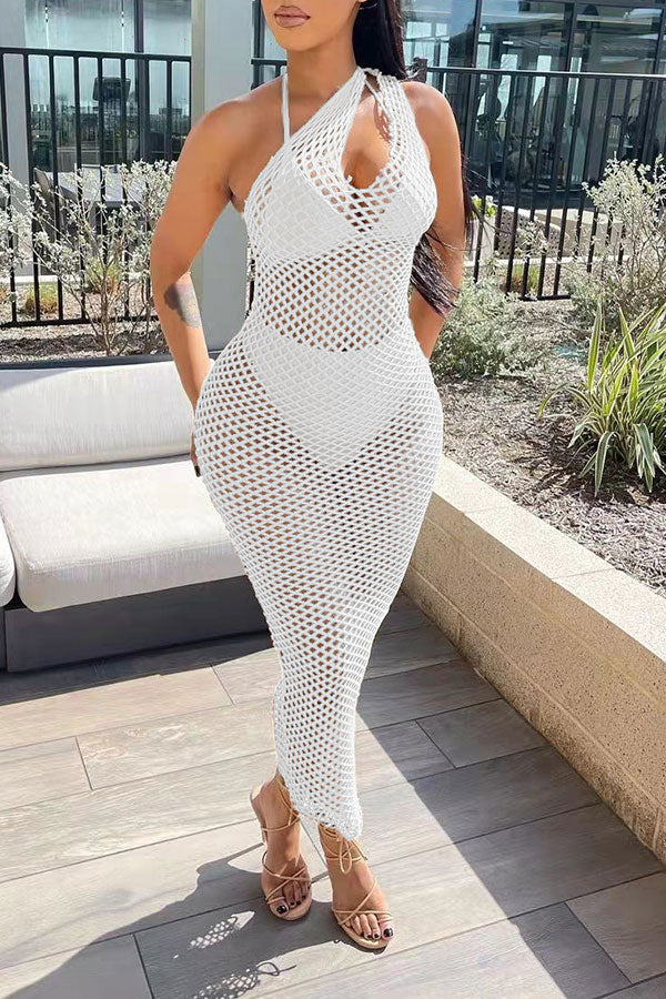 Solid Color Casual Fishnet See-Through Maxi Dress Beachwear