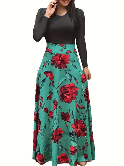 Elegant Floral Maxi Dress: Comfort-Fit, Crew Neck, Easy-Care, Perfect for Spring/Fall - Chic & Durable