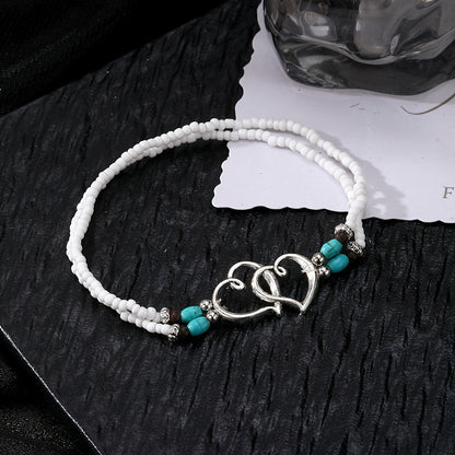 Double Openwork Heart Beaded Anklet Set With Mini Seed Beads Elegant Bohemian Style Elastic Anklet, Perfect Gift For Beautiful Women