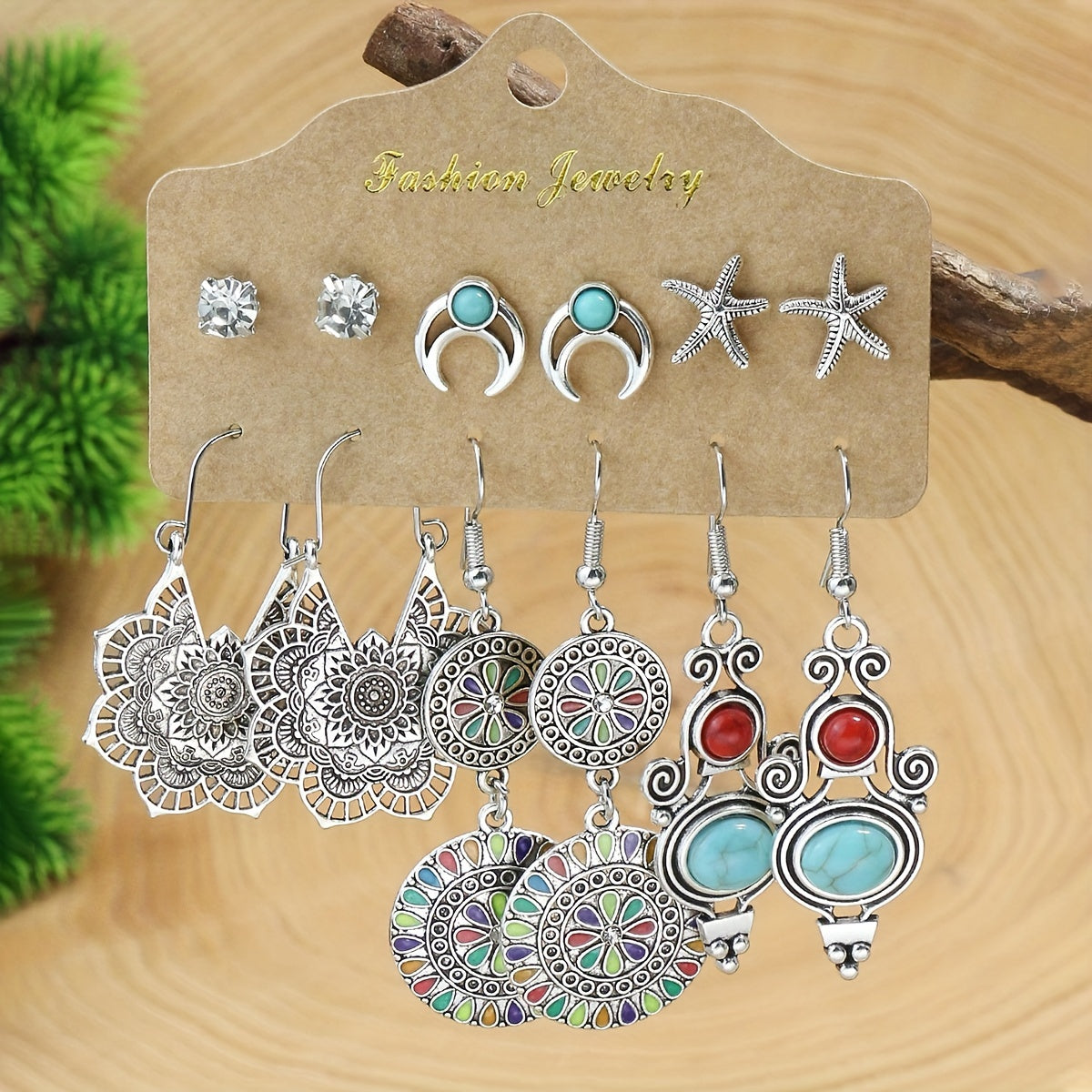 24-Pair Bohemian Earring Set - Turquoise Inlaid Studs & Dangles - Fashion-Forward Design for Holiday Glam