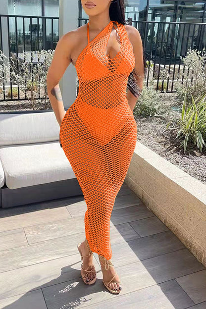 Solid Color Casual Fishnet See-Through Maxi Dress Beachwear