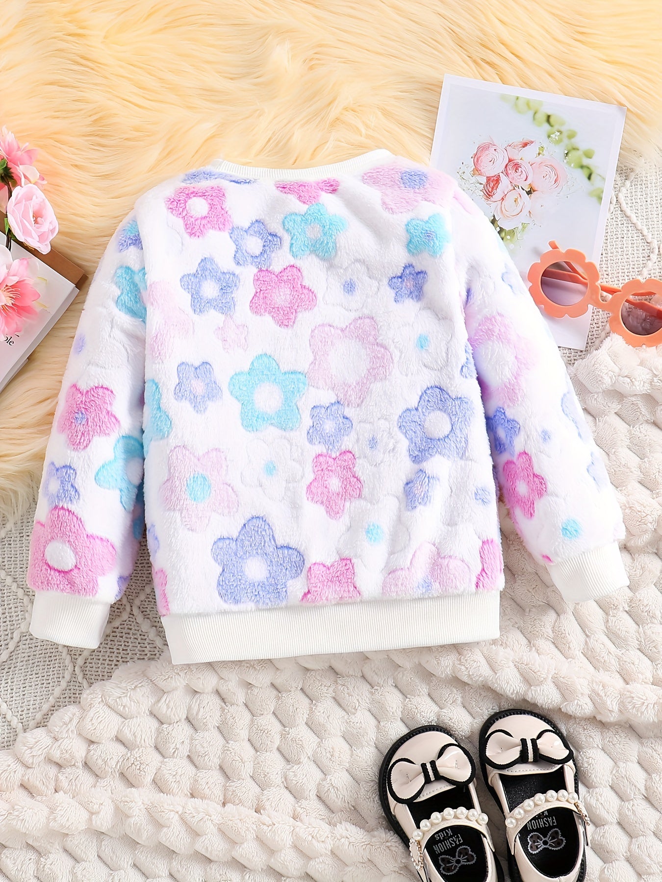 Kids' Furry Star Jacquard Sweatshirt - Soft, Cute, Smart, Fleece-Lined, Long-Sleeved, Spring and Autumn Wear for Girls - Ideal for Casual Daily Life, Outdoor Play, and School Wear