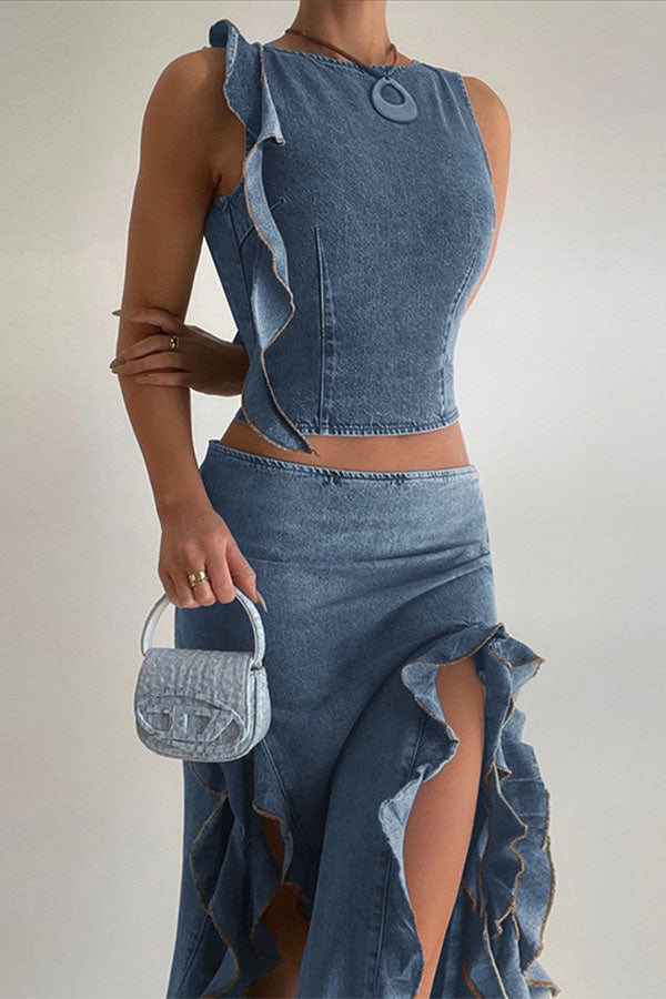 Solid Color Girly Ruffles High Split Denim Dress Suit