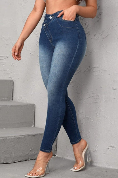 lovwvol  - Deep Blue Casual Solid Patchwork High Waist Skinny Denim Jeans