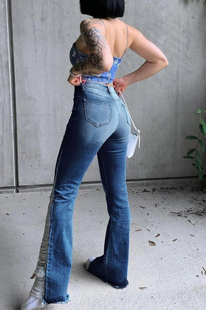 lovwvol  - Baby Blue Casual Patchwork Ripped High Waist Regular Denim Jeans