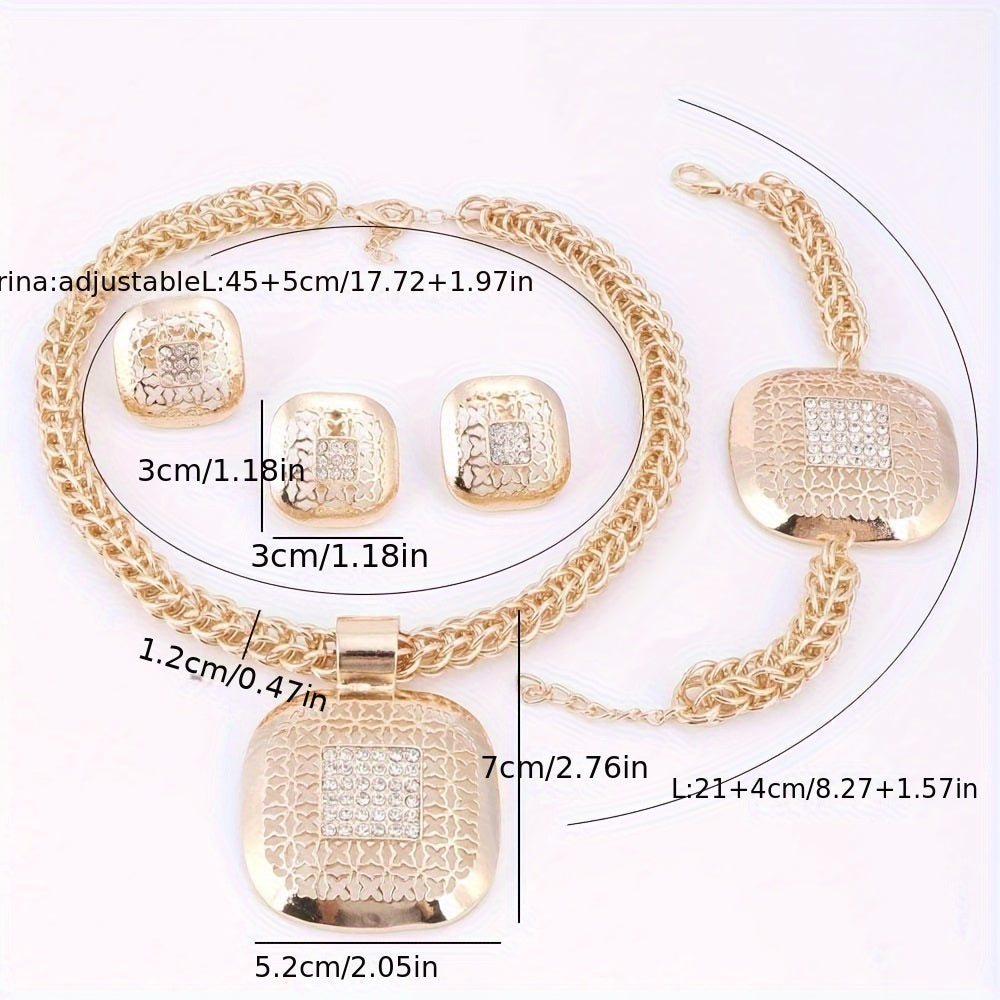 Tone Rhinestone Square Necklace Earrings Bracelet Ring Set, Vintage Ethnic Style Women's Wedding Party Jewelry Gift Set