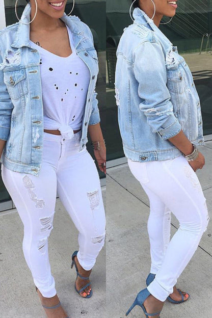 lovwvol  - Light Blue Casual Solid Ripped Turndown Collar Long Sleeve Regular Denim Jacket