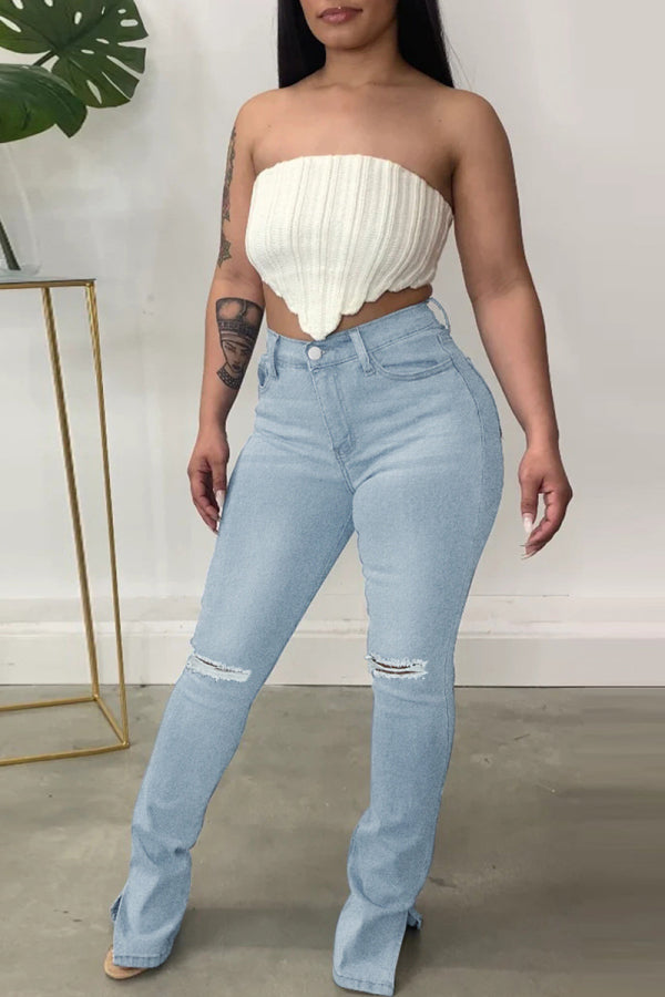 lovwvol  - Black Casual Solid Ripped Slit High Waist Regular Denim Jeans