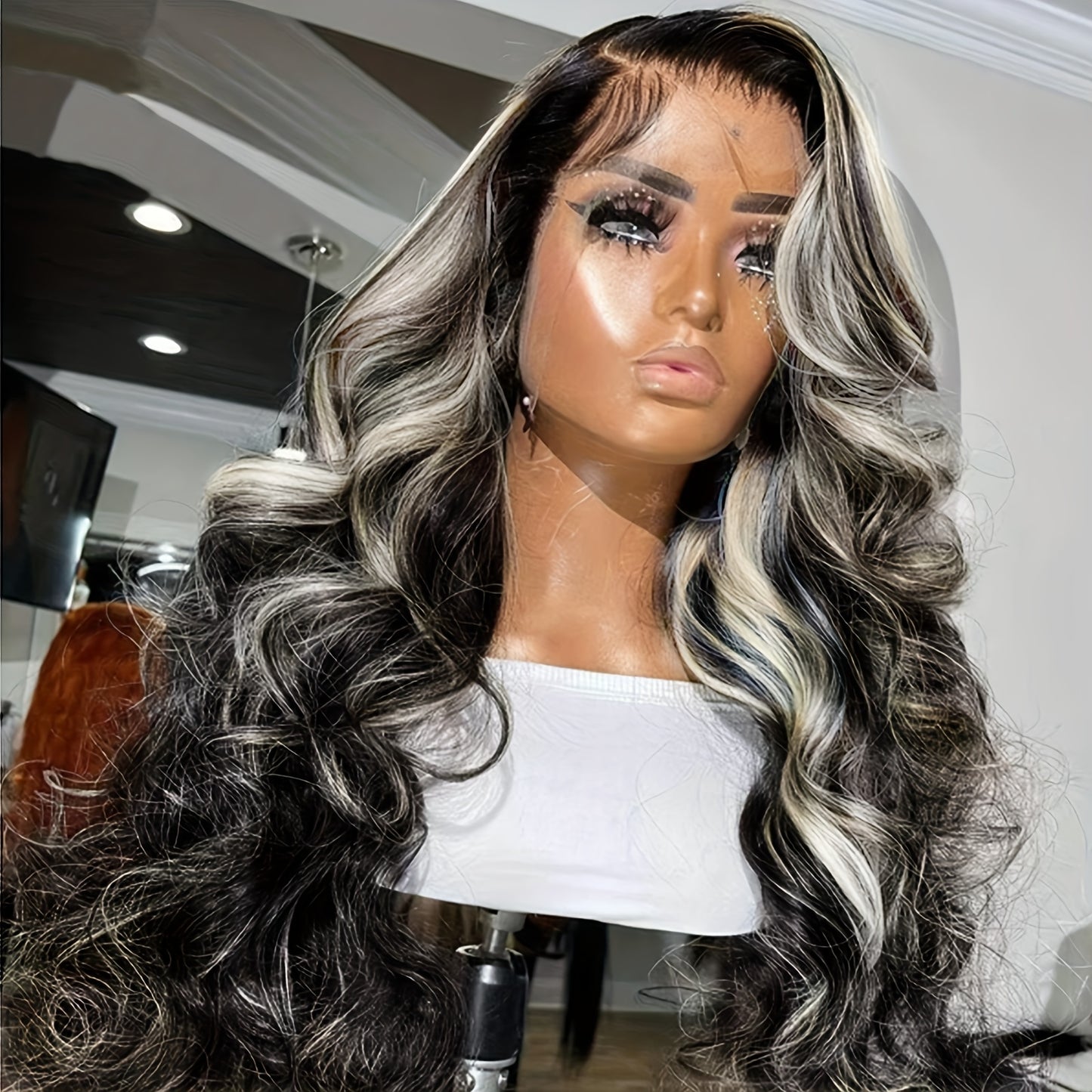 13x4 Lace Frontal Wig - Highlight Grey and Black Colored, Pre-Plucked, Glueless, Long Wavy, Half Body Wave Synthetic Hair for Black Women - Premium Quality, Natural Looking, Easy to Style