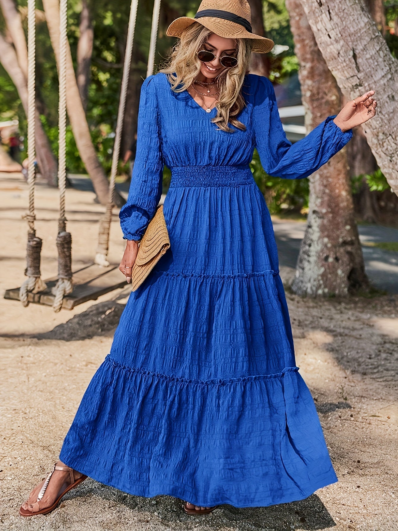 Chic Solid V-neck Textured Maxi Dress - Flattering Vacation Style with Smocked Long Sleeves - Versatile Womens Clothing for All Seasons