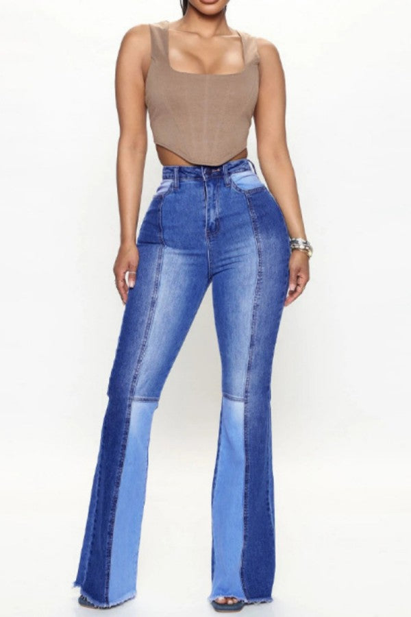 lovwvol  - Blue Casual Patchwork Contrast High Waist Regular Denim Jeans (Subject To The Actual Object)