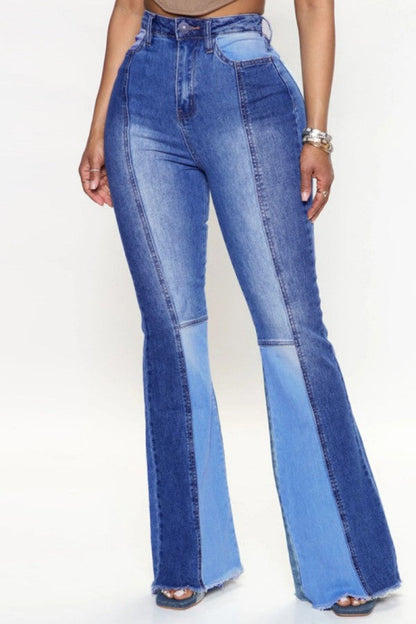 lovwvol  - Blue Casual Patchwork Contrast High Waist Boot Cut Denim Jeans