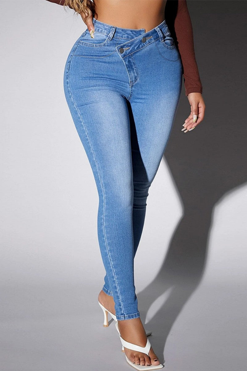 lovwvol  - Deep Blue Casual Solid Patchwork High Waist Skinny Denim Jeans