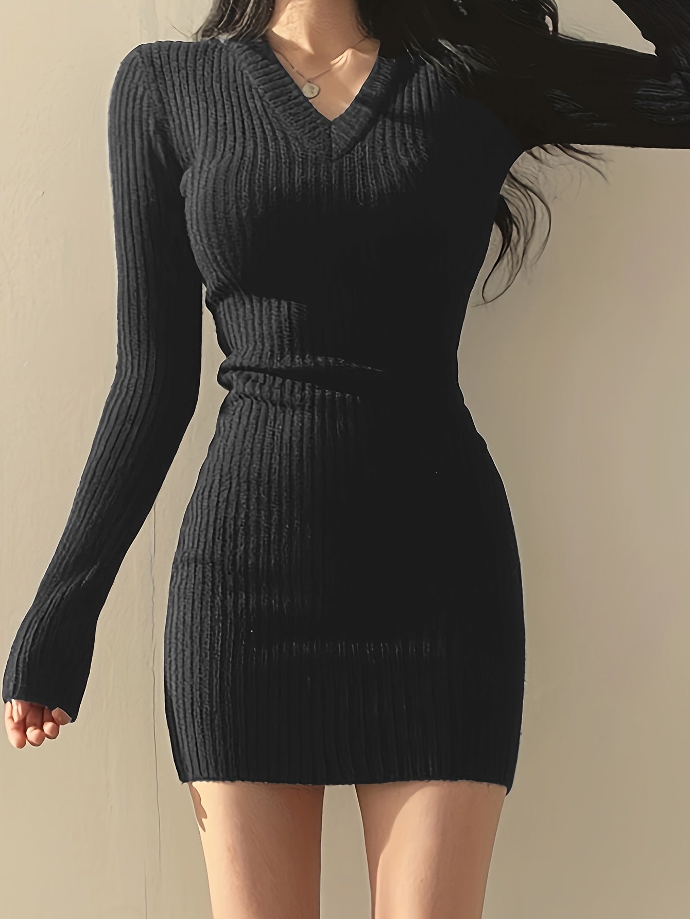 Cozy Solid Knit V-Neck Sweater Dress - Elegant Bodycon Dresses for Women - Long Sleeve, Fall & Winter Essential, Soft, Warm, and Comfortable Clothing