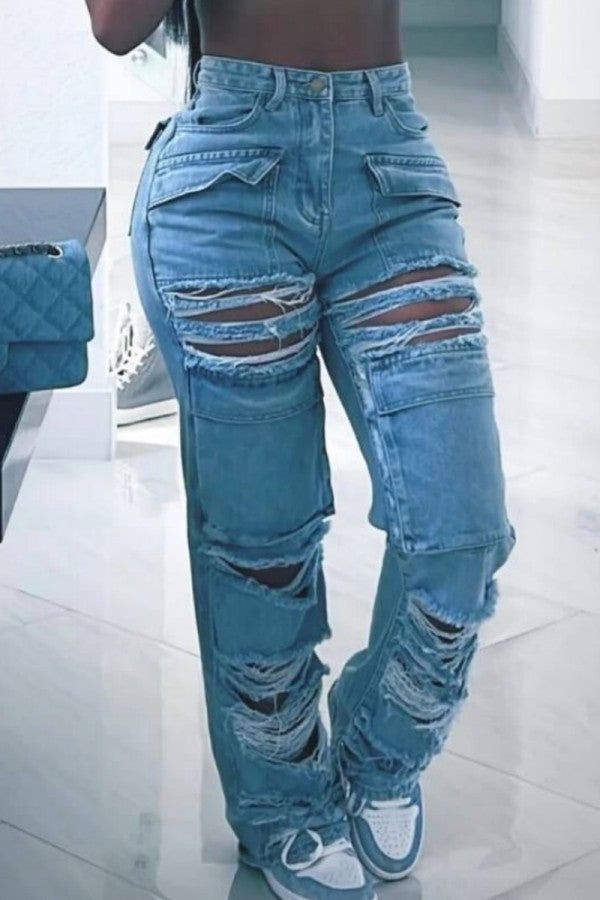 lovwvol  - Sky Blue Casual Solid Ripped Patchwork High Waist Regular Denim Jeans