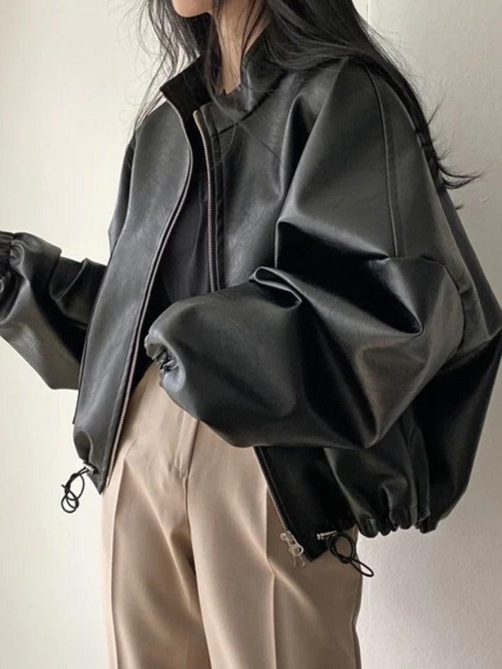 Solid Big Pocket Drawstring Collar Neck Leather Jacket