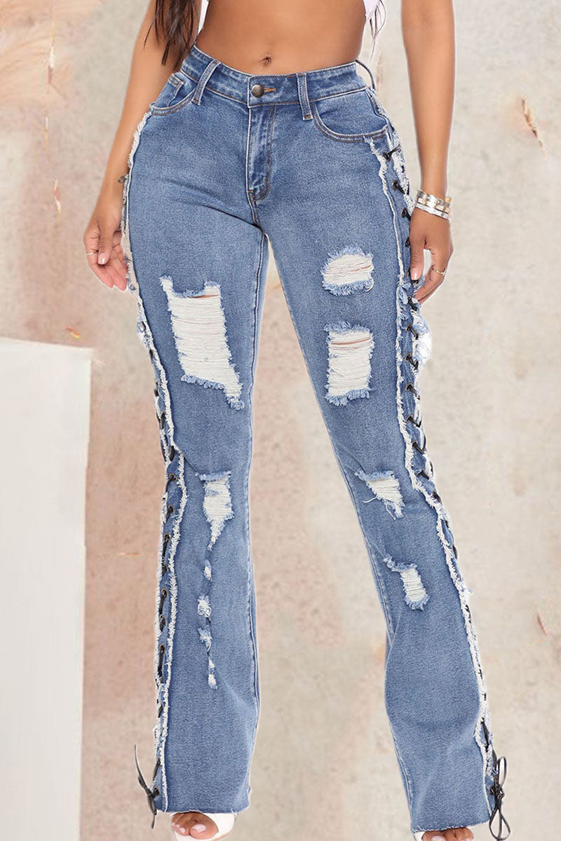 lovwvol  - Baby Blue Sexy Solid Ripped Hollowed Out Patchwork High Waist Denim Jeans