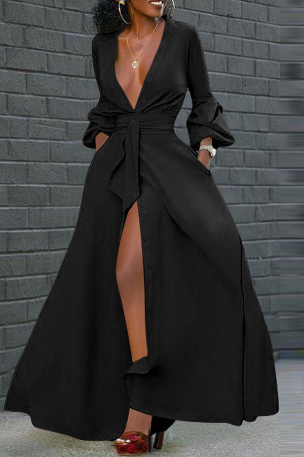 Solid Color On-trend Deep V Neck Belted Maxi Dress