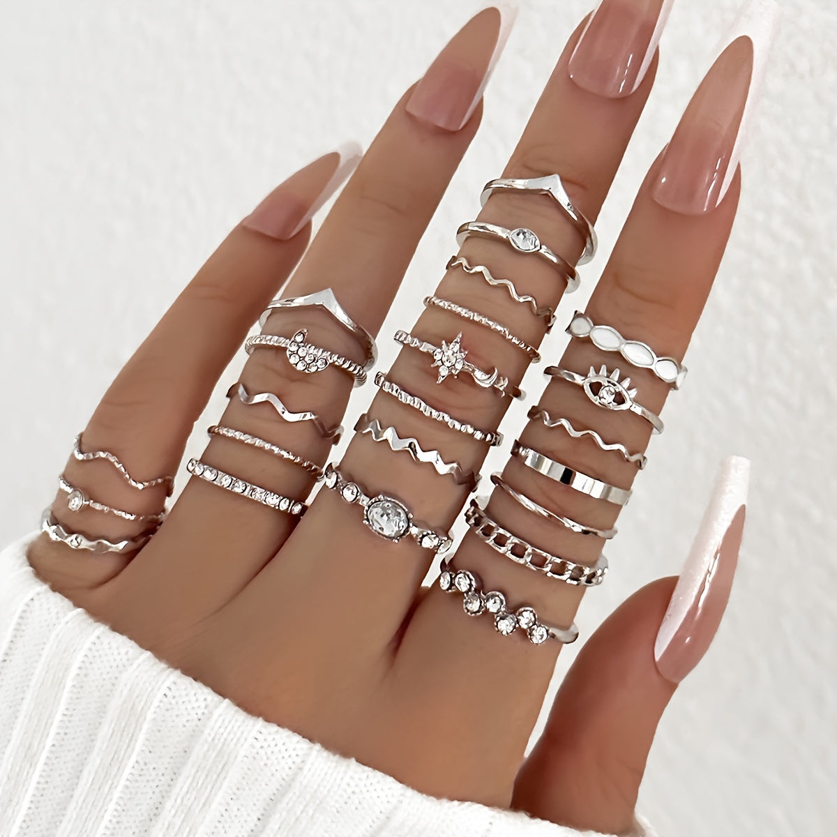 Elegant & Trendy 23pc Mix & Match Ring Set - Geometric, Moon & Star Designs with Rhinestone and White Drip Oil Accents