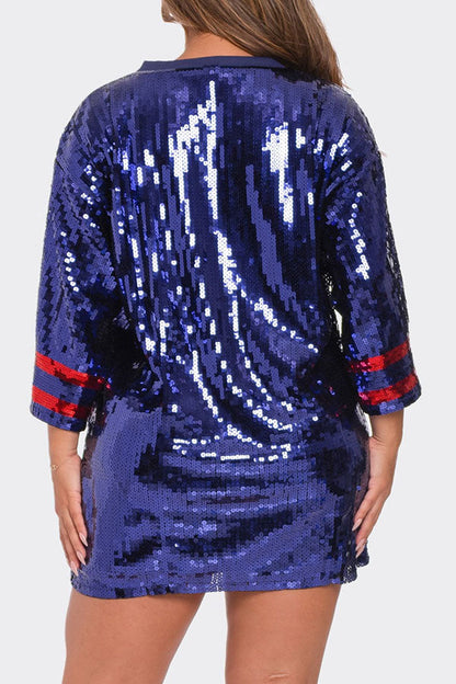 Letter Sequined Oversized Round Neck Mini Dress