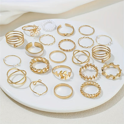 22pcs/Set Simple Elegant Style Stacking Rings Leaf Flower Design Mix And Match Daily Clothing Golden Or Silver Jewelry