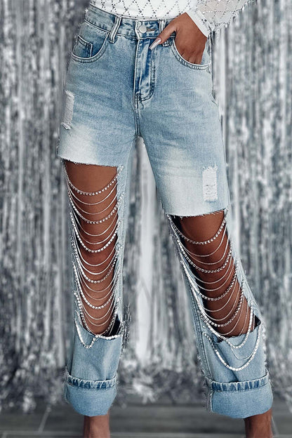 lovwvol  - Light Blue Street Solid Ripped Chains Loose Denim Jeans