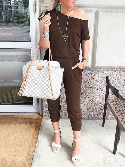 Short Sleeve Long Jumpsuits Solid Romper