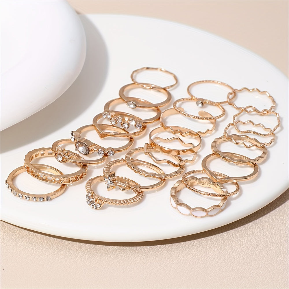 Elegant & Trendy 23pc Mix & Match Ring Set - Geometric, Moon & Star Designs with Rhinestone and White Drip Oil Accents