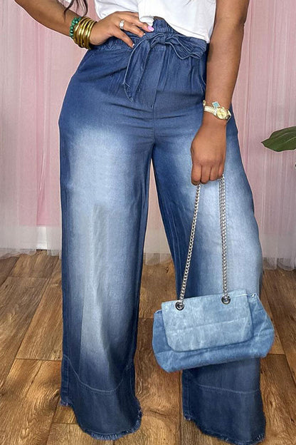 lovwvol  - Light Blue Casual Solid Bandage Patchwork High Waist Straight Denim Jeans