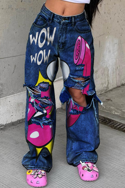 lovwvol  - Baby Blue Street Cartoon Print Ripped Mid Waist Loose Denim Jeans