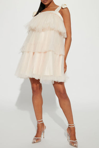 Solid Color Tulle Sweet Tiered Ruffles Mini Dress