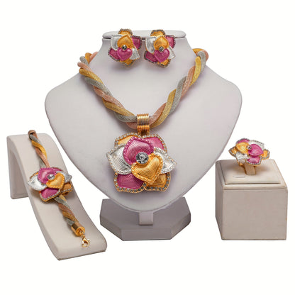 5-Piece Glamorous Bridal Jewelry Set - Hypnotic Flower Design with Simulated Gemstones - Dazzling Necklace, Earrings, Bracelet & Ring for Daily Glam