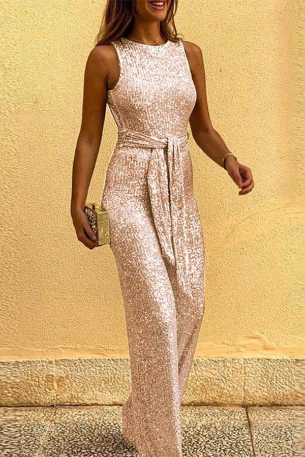 Round Neck Sleeveless Sequin Jumpsuit