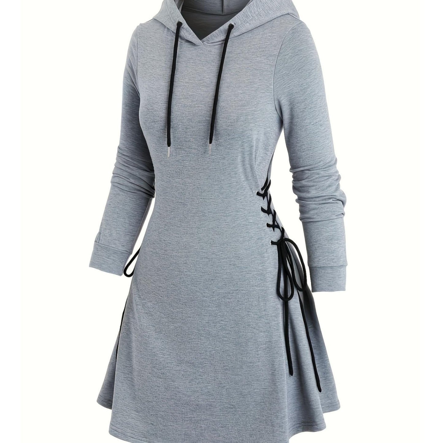 Plus Size Gothic Hooded Sweatshirt Dress - Lace-Up Side Drawstring, Elegant & Comfy, Machine Washable