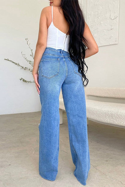 lovwvol  - The cowboy blue Casual Solid Ripped Patchwork High Waist Regular Denim Jeans