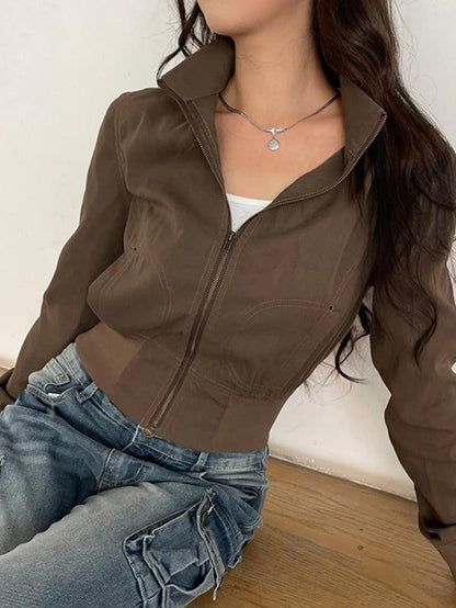 Vintage Brown Zip Up Slim Short Jacket